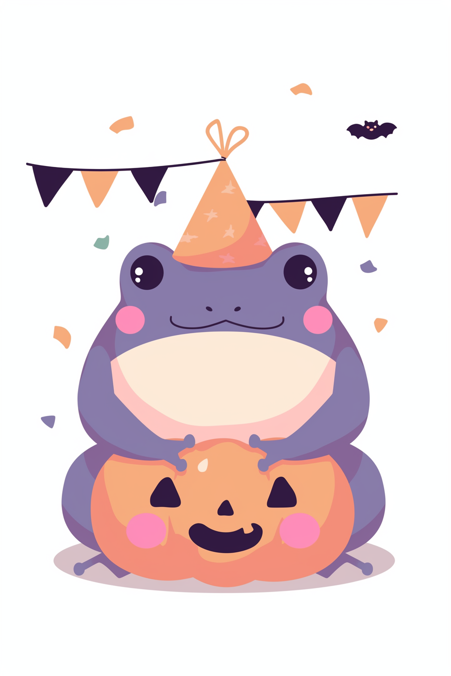 Halloween frog drawing ideas 2 featuring a cute purple frog in a party hat holding a carved pumpkin, surrounded by festive banners and confetti.